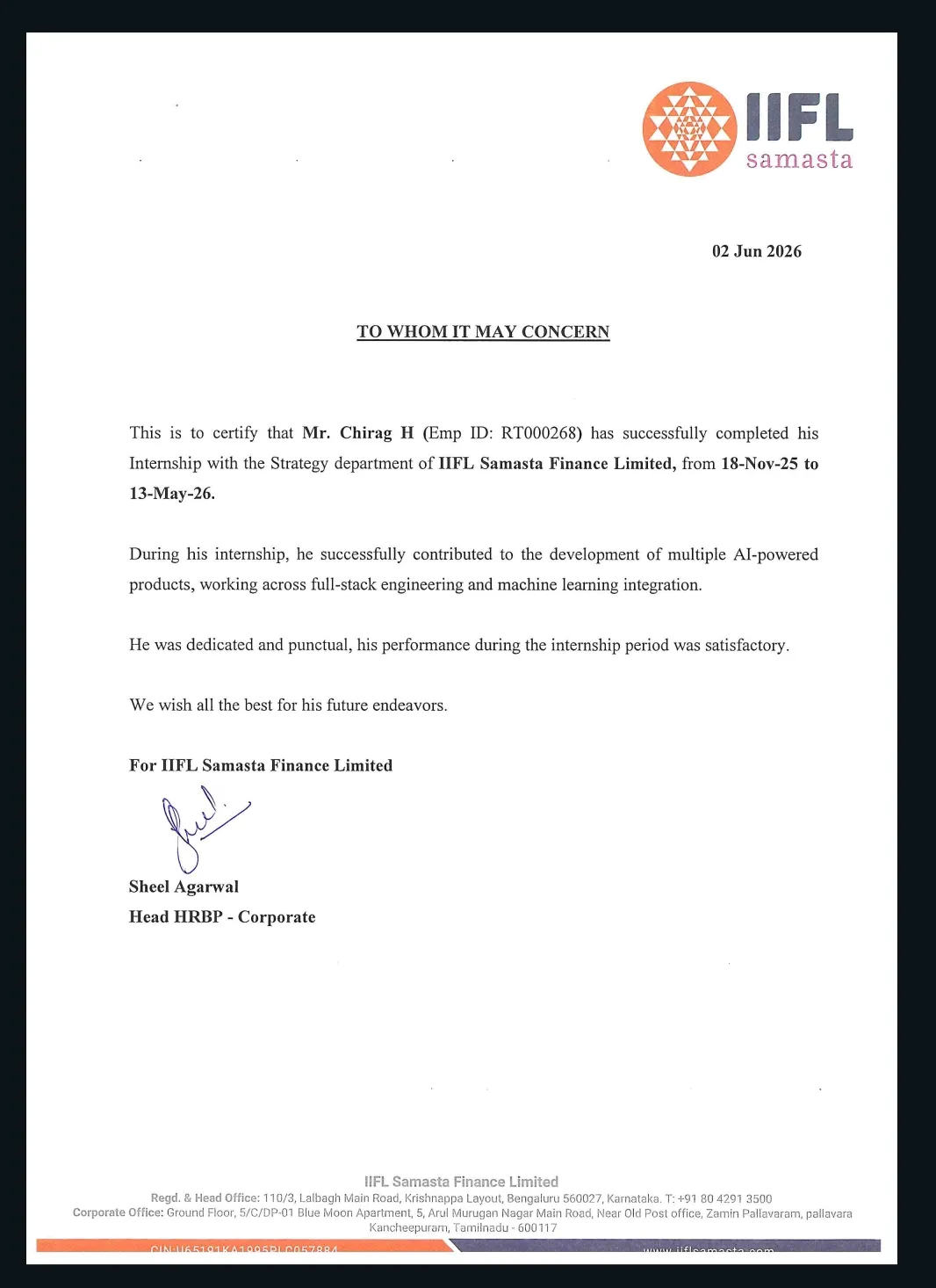 IIFL Samasta Finance Ltd. - Internship Completed
